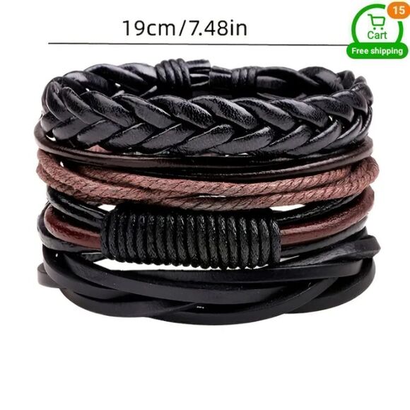 4 men's bracelets leather layered braided brown new d94 - Picture 2 of 2